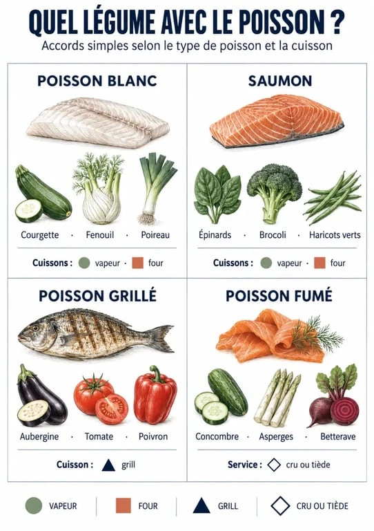 Infographie quel légume avec le poisson selon le type de poisson et le mode de cuisson