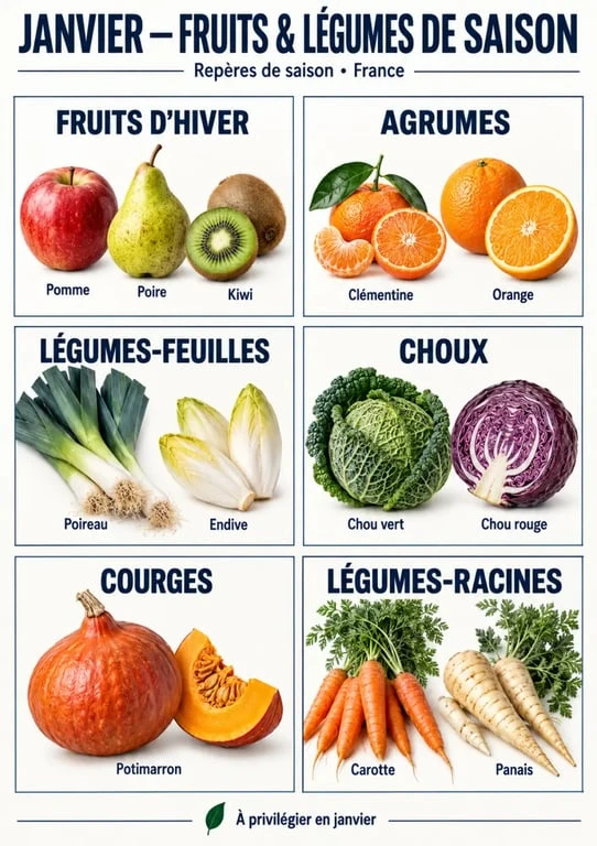 Infographie des fruits et légumes de janvier de saison