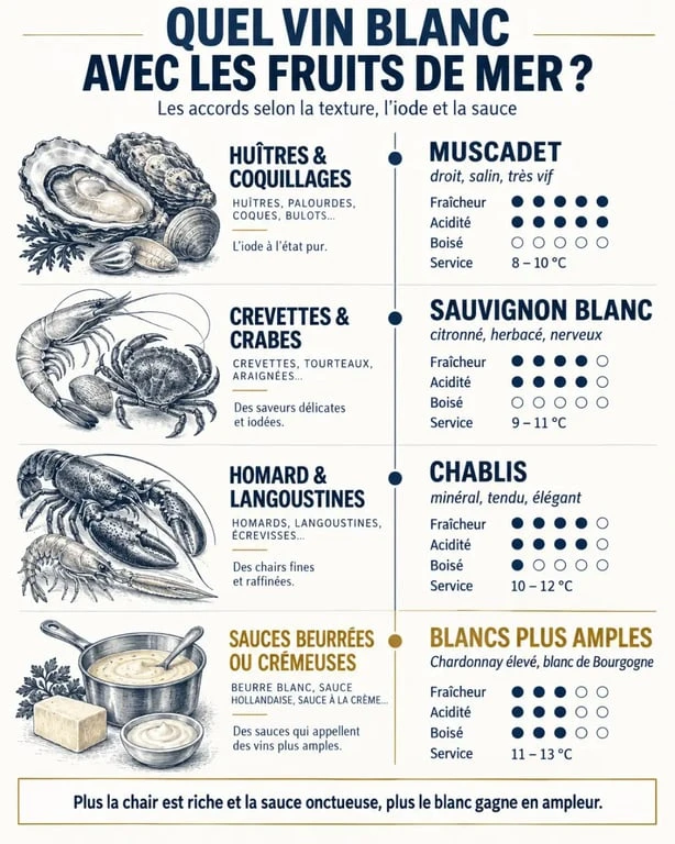 Infographie pour savoir quel vin blanc avec fruits de mer selon les huîtres, crevettes, coquillages ou crustacés