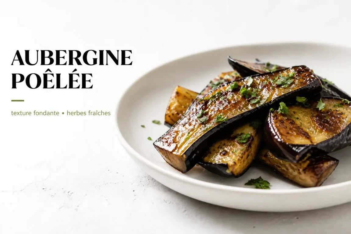 Recette aubergine poele fondante servie dans une assiette sobre avec herbes fraîches