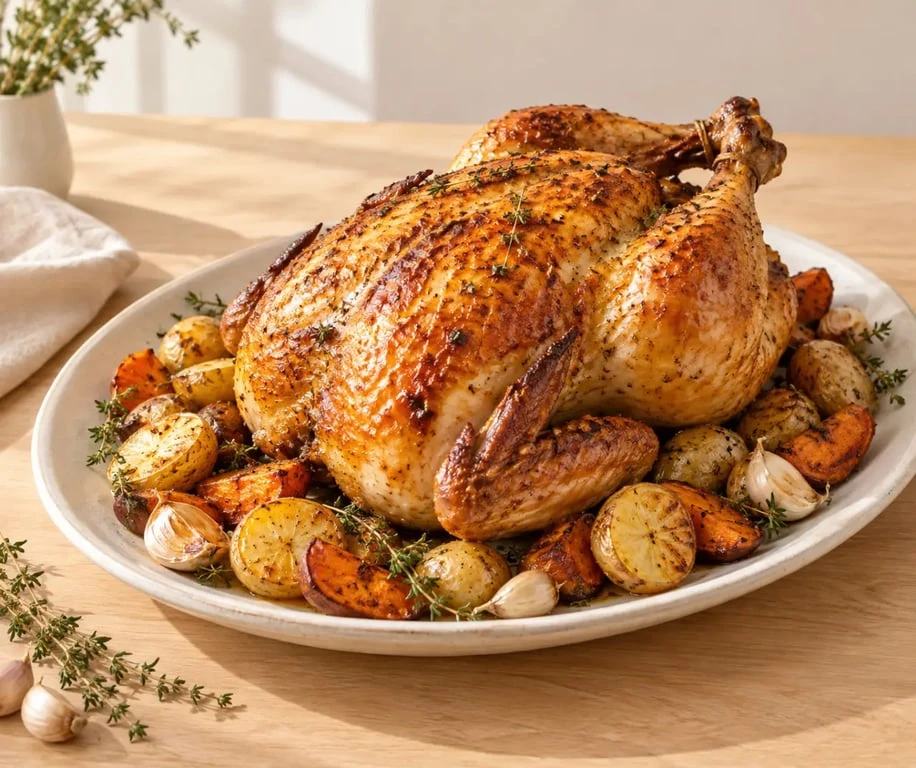 Poularde au four dorée avec pommes de terre et patates douces sur plat de service