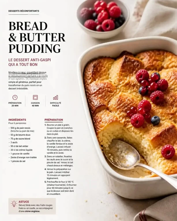 Recettes avec pain rassis : bread and butter pudding doré servi dans un plat