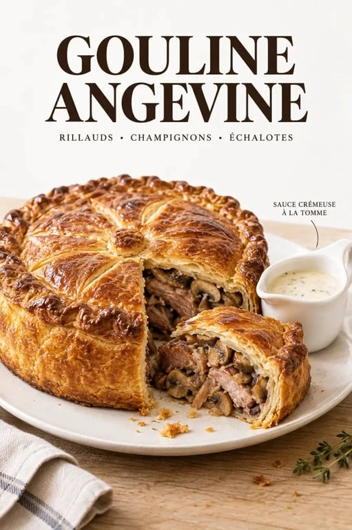 Recette de la gouline angevine dorée avec rillauds, champignons et sauce à la tomme