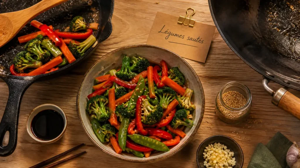 Legumes saute croquants au feu vif dans une poêle wok