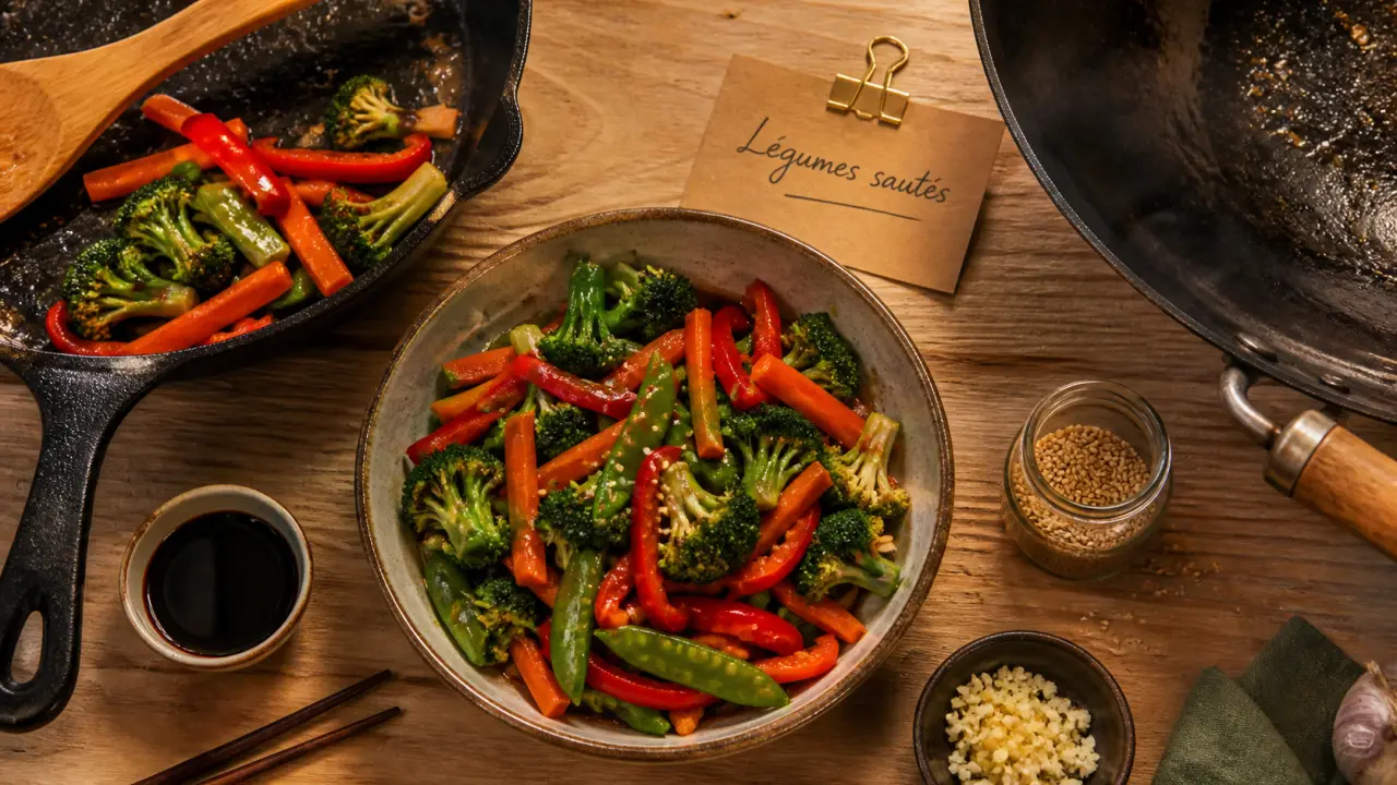 Legumes saute croquants au feu vif dans une poêle wok