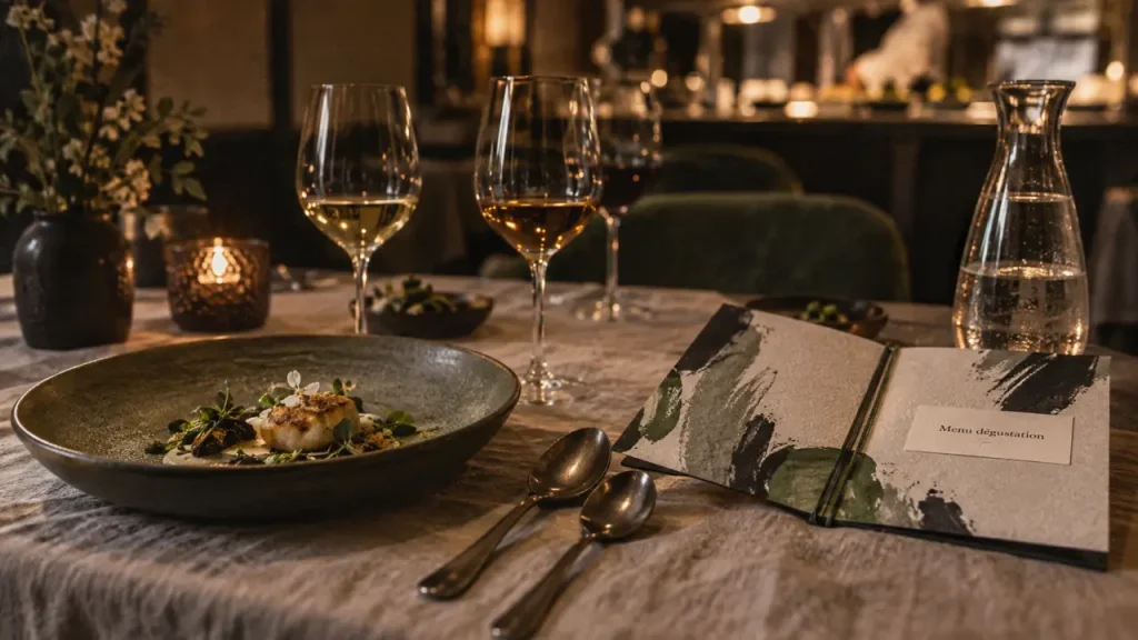 Menu dégustation gastronomique : assiette, couverts et menu sur table