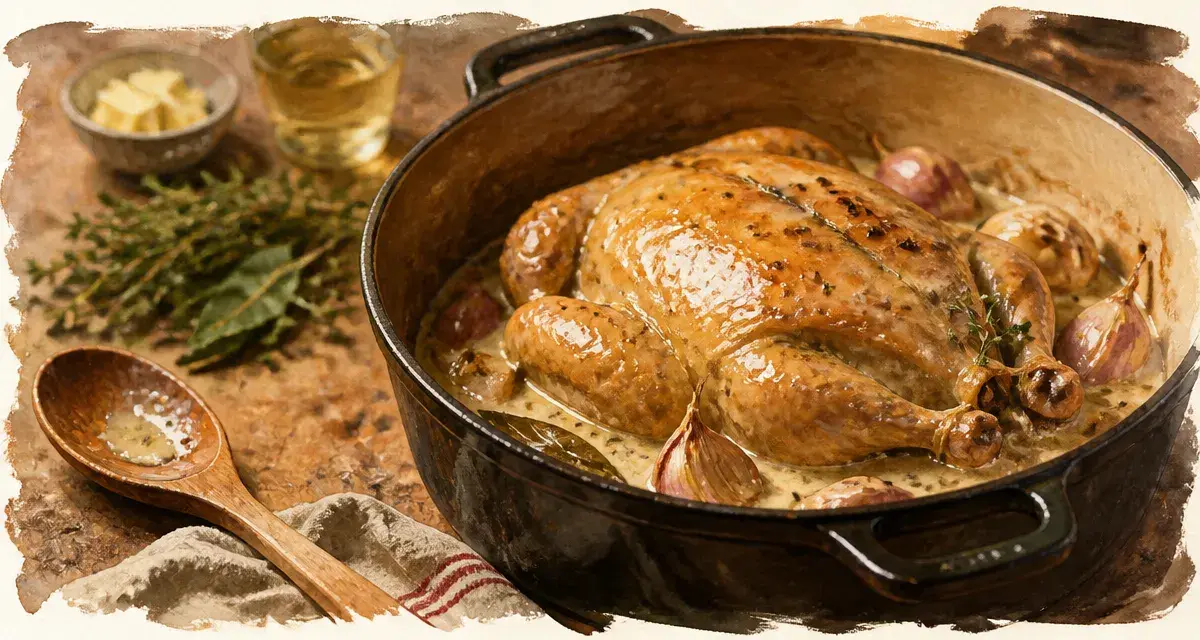 Poularde en cocotte grand-mère, chair fondante et sauce onctueuse en fonte