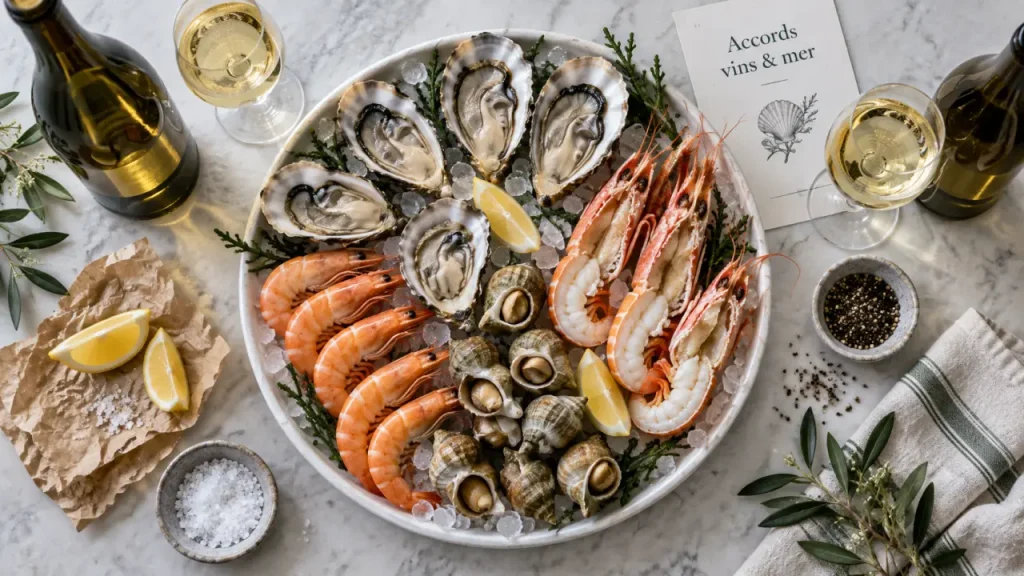 Quel vin blanc avec fruits de mer : huîtres crevettes sur glace, citron et vin blanc