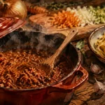 Sauce bolognaise façon grand-mère, mijotée en cocotte avec tagliatelles et vin