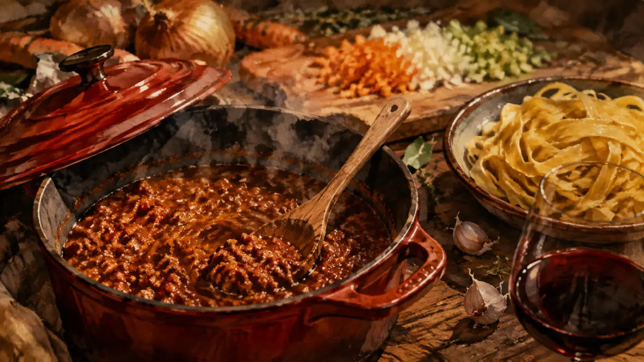 Sauce bolognaise façon grand-mère, mijotée en cocotte avec tagliatelles et vin