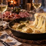 Vin avec raclette : fromage, poêle en fonte et vin blanc sec
