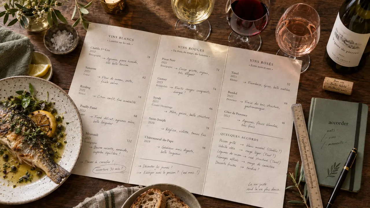 Carte vin sur table en chêne : choix plat, style et budget