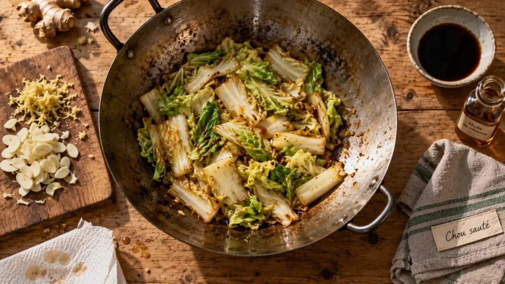 Comment cuisiner chou chinois : chou croquant au wok, feuilles vert pâle, sauce soja