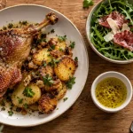 Confit de canard accompagnements : pommes de terre sarladaises, roquette, citron