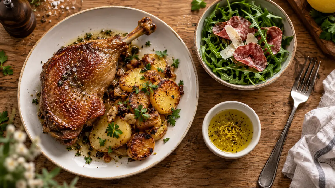 Confit de canard accompagnements : pommes de terre sarladaises, roquette, citron