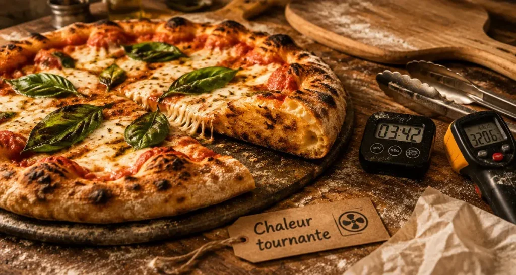 Cuisson pizza four chaleur tournante, fond croustillant doré visible.