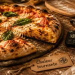 Cuisson pizza four chaleur tournante, fond croustillant doré visible.