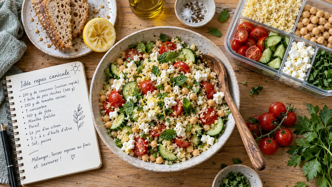 Idée repas canicule : dîners froids sans four, salade semoule pois chiches feta