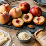 Pêche saison d’été : pêches fraîches sur table en bois