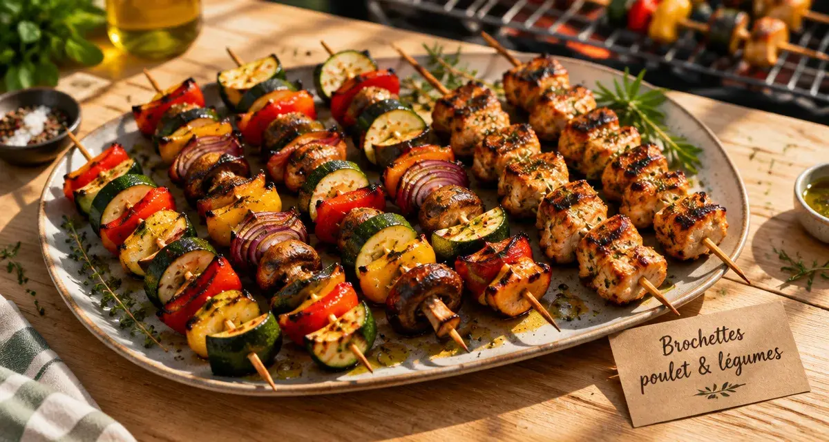 Quels légumes pour accompagner des brochettes de poulet : brochettes de poulet, courgette, poivron, aubergine.