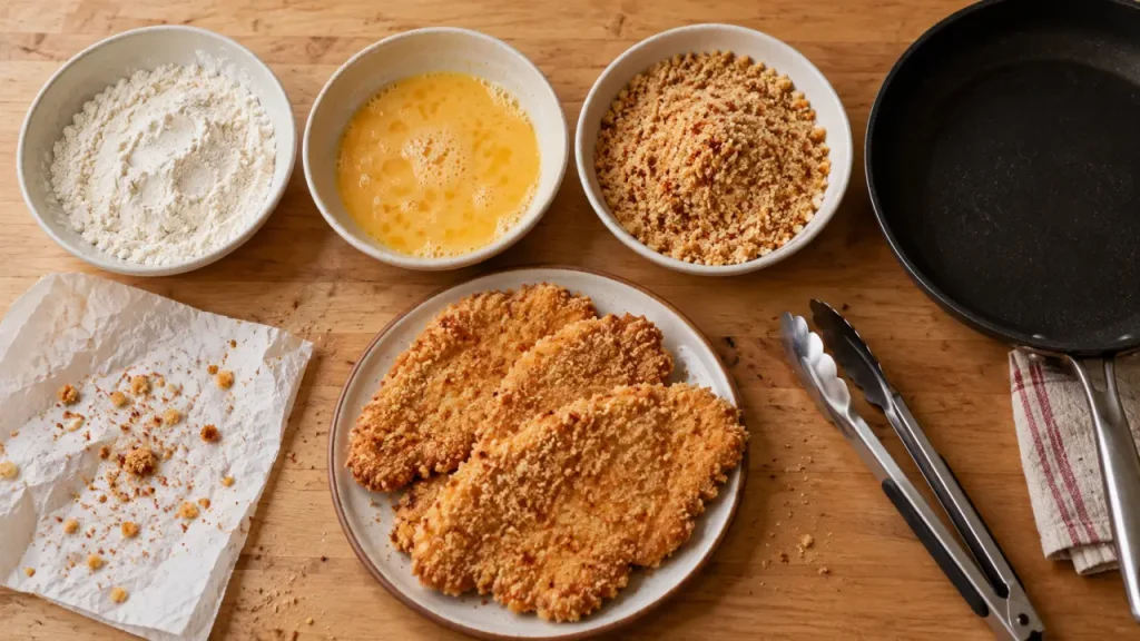 Recette panure poulet : farine, œufs et chapelure, repos 15 minutes